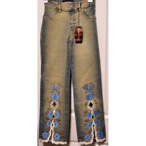 BrazilRoxx Embellished Embroidered Cutout Jeans BR 36/US 0 Blue - NEW W/ Tags